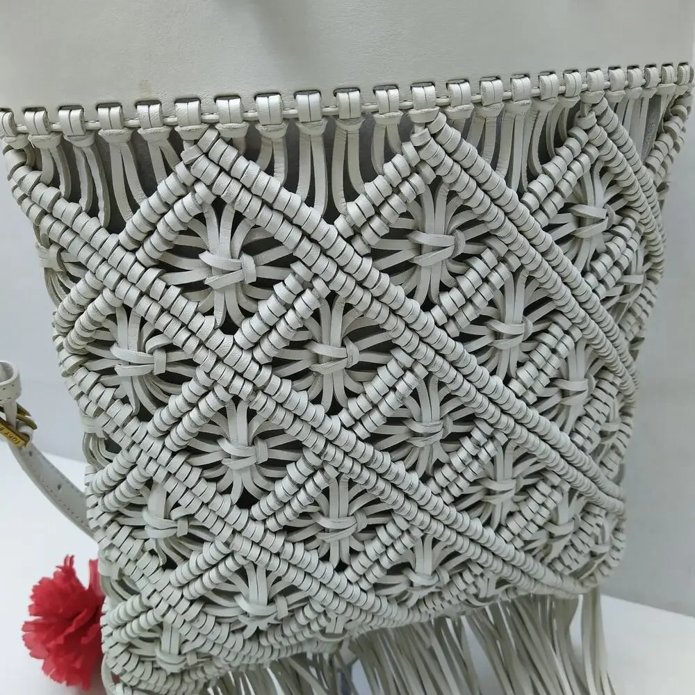 Tory Burch White Leather Woven Braided Macramé Fringe Limited Ed Crossbody Bag